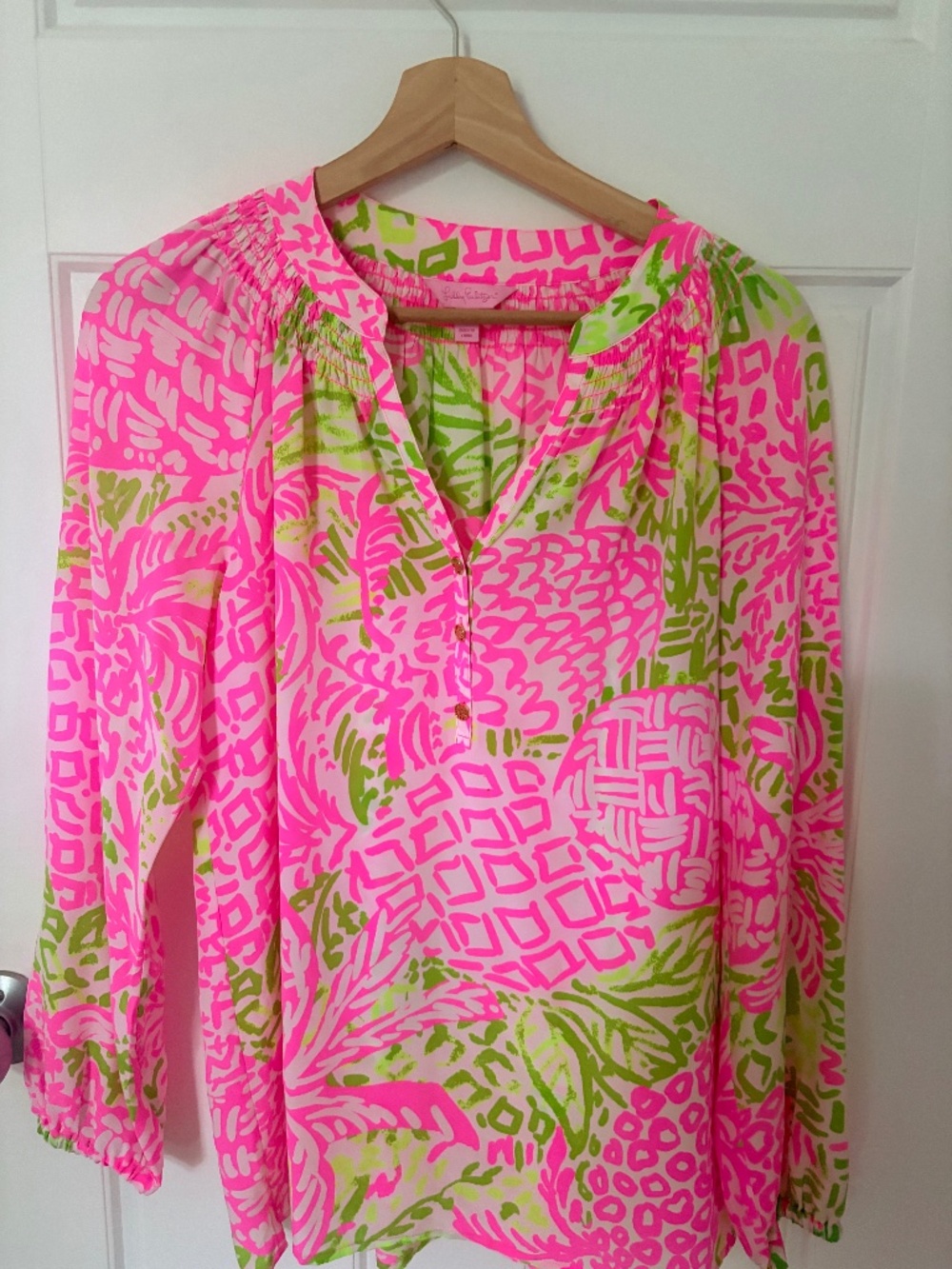Lilly Pulitzer Elsa Silk Top Pink Green Print 100% Silk Women's Size Small
